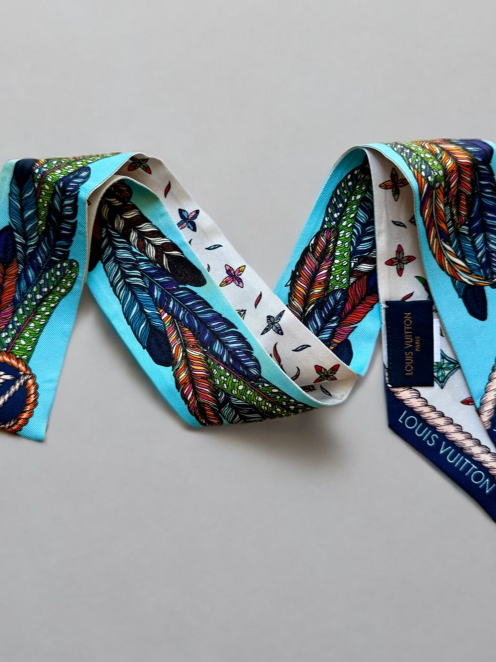 Louis Vuitton Blue Feather Monogram Silk BB Bandeau Long Scarf